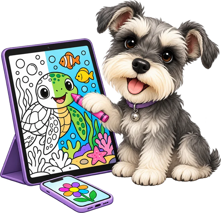 Miya pointing at a tablet with a coloring page