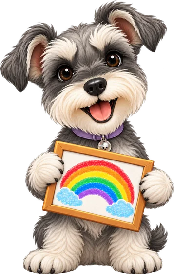 Miya holding up a framed rainbow picture