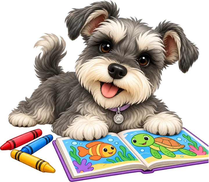 Miya reading a picture book beside some crayons
