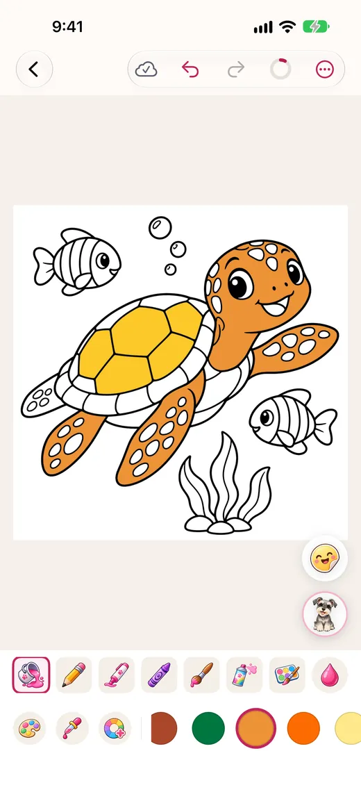 A sea turtle page being colored
