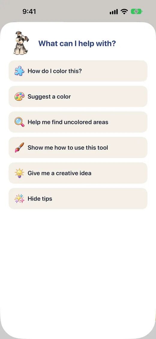Ask Miya menu with help options